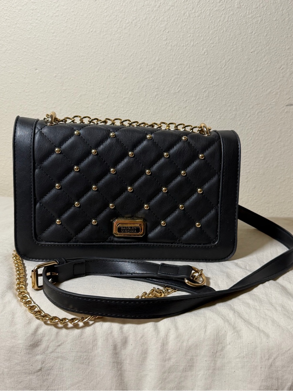 Badgley Mischka Black Quilted Studded Crossbody Bag Gold Chain